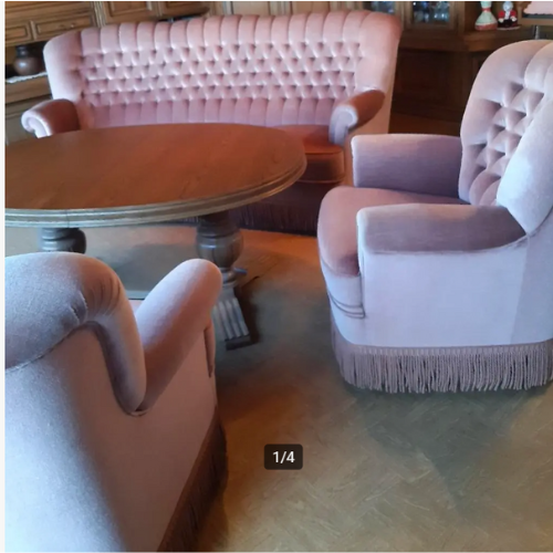 Vintage retro roze set bank + 2 stoelen