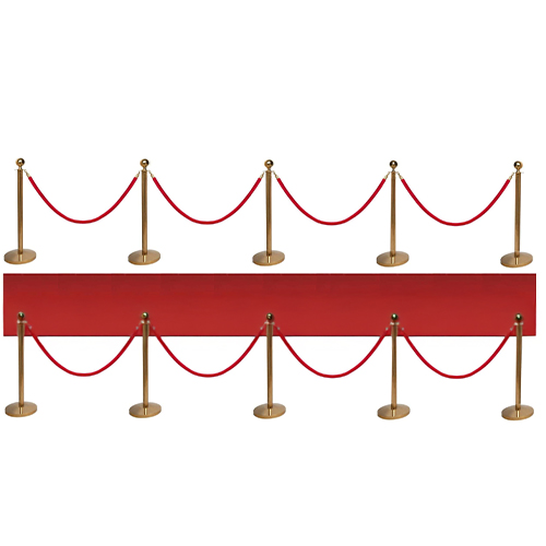 Set: 10x Gouden Afzetpaaltje Goud + 8x Rode koorden + 5m rode loper